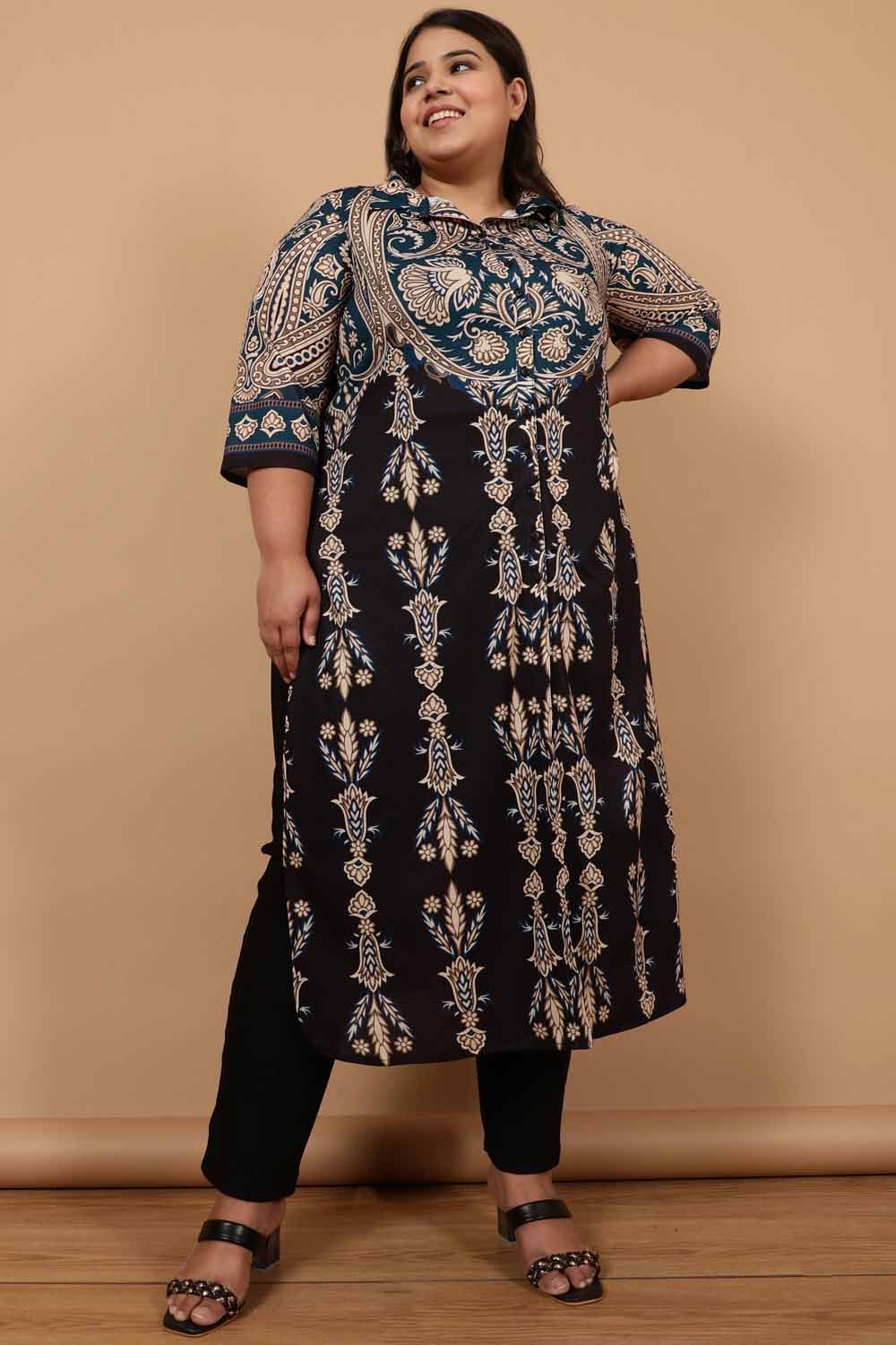 Plus Size Plus Size Black Luxe Ethnic Print Kurta Cum Shrug Online