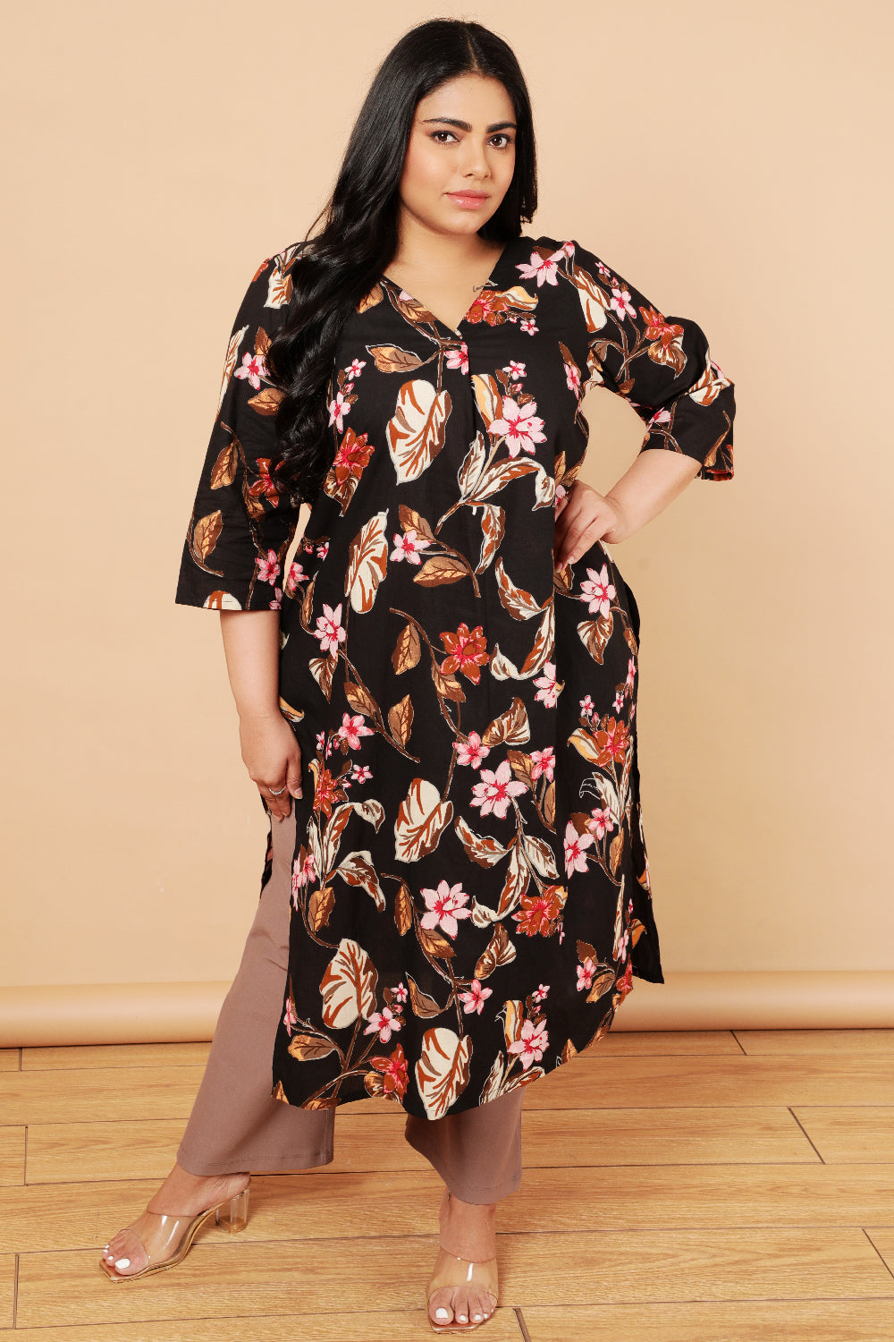 Plus Size Black Floral Print Cotton Kurta