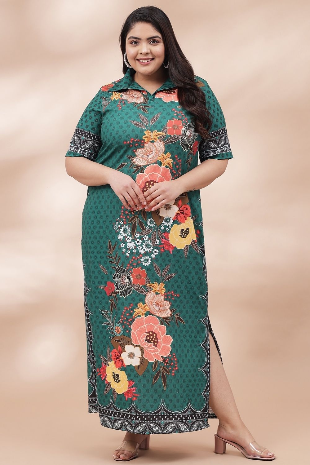 Buy Plus Size Green Floral Print Long Dress With Side Slit Online ...