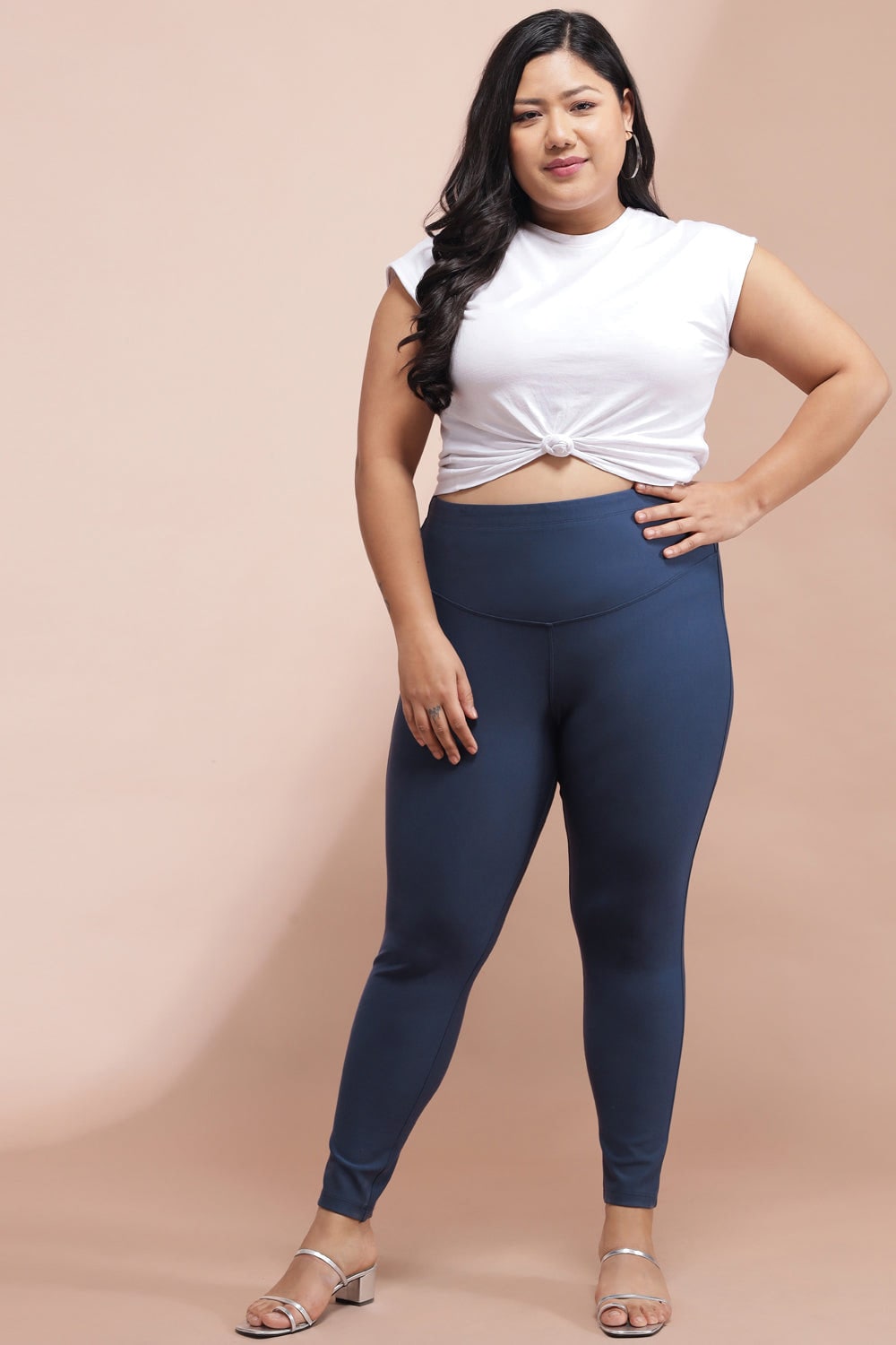 Buy Plus Size Denim Blue Tummy Tucker Jeggings Online For Women - Amydus