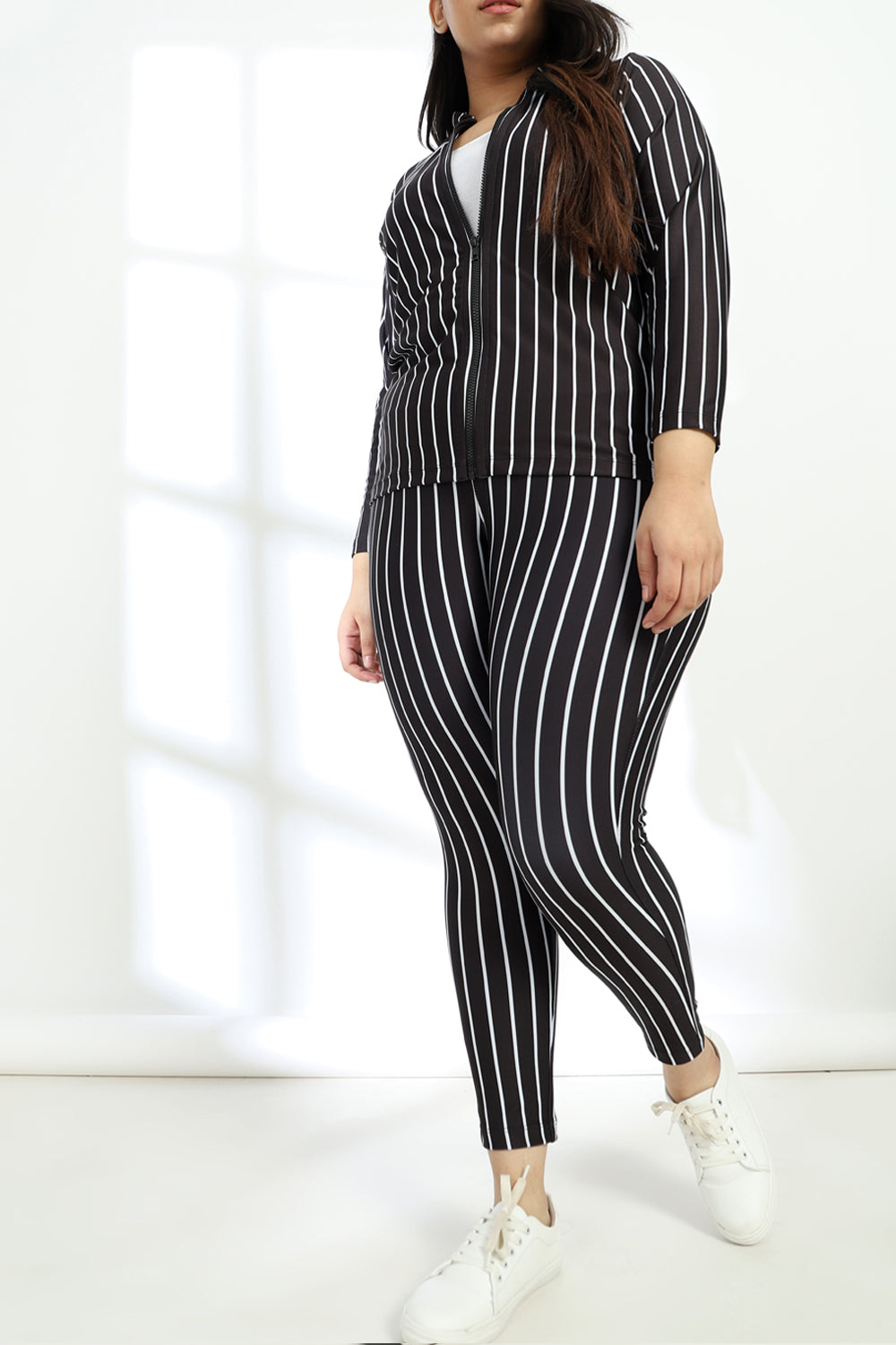 Black and white hotsell striped jacket plus size