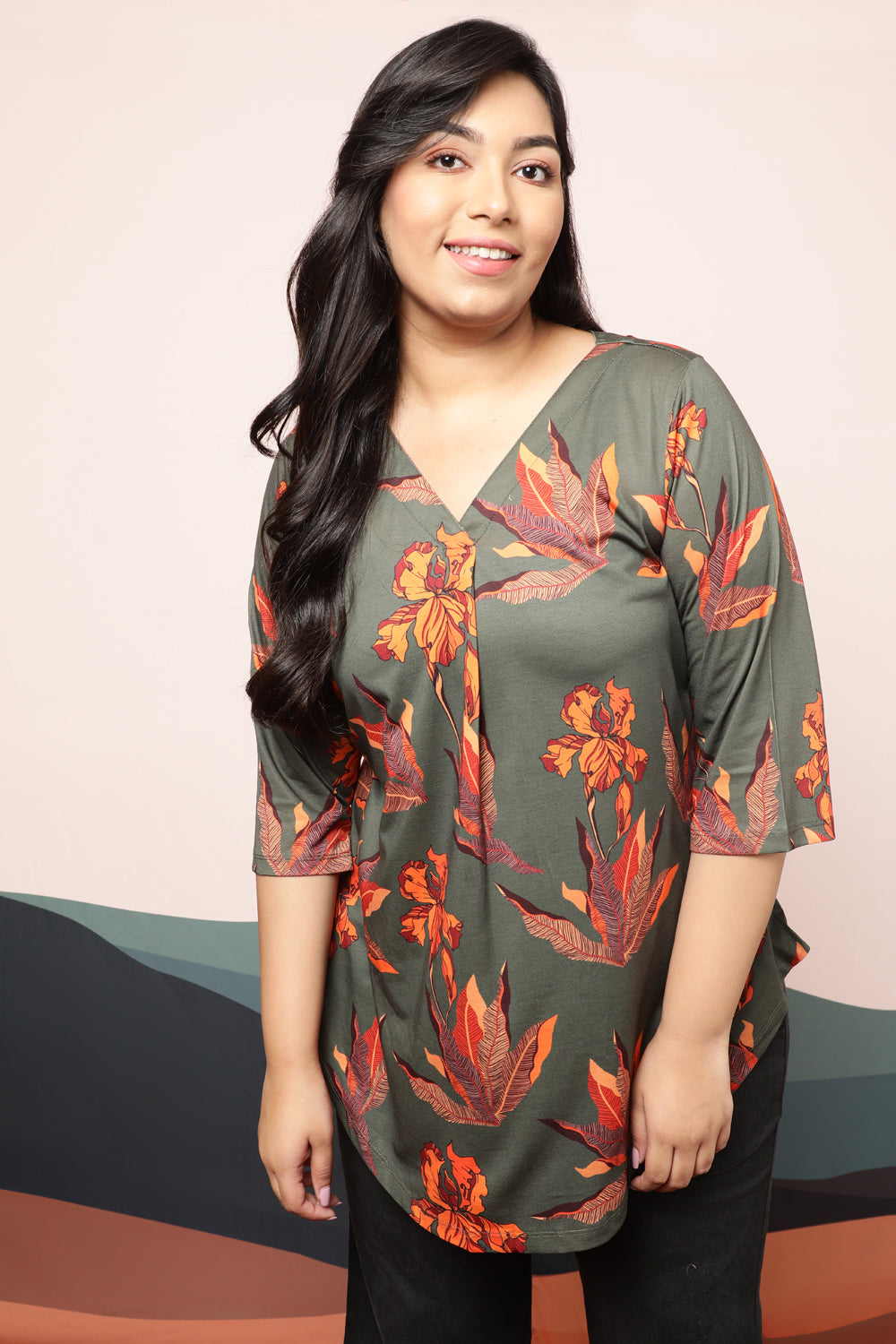 Plus Size Plus Size Marsh Green Leaf Print Centre Pleat Top Online in India
