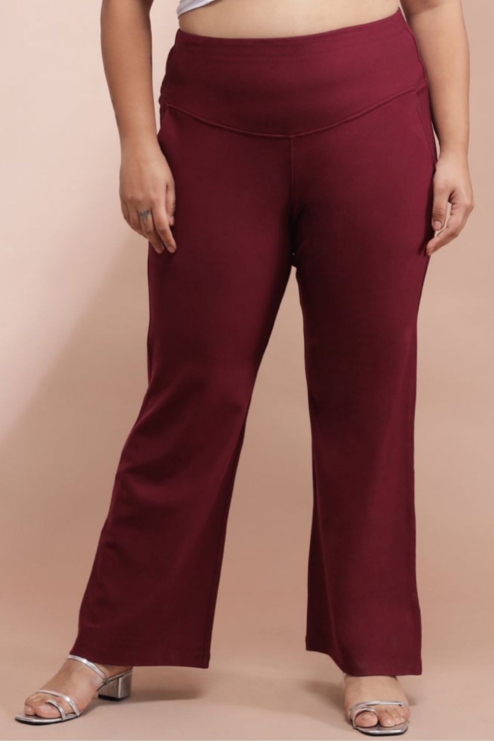 New PLUS SIZE Womens BURGUNDY HIGH WAISTED WIDE FLARE PALAZZO