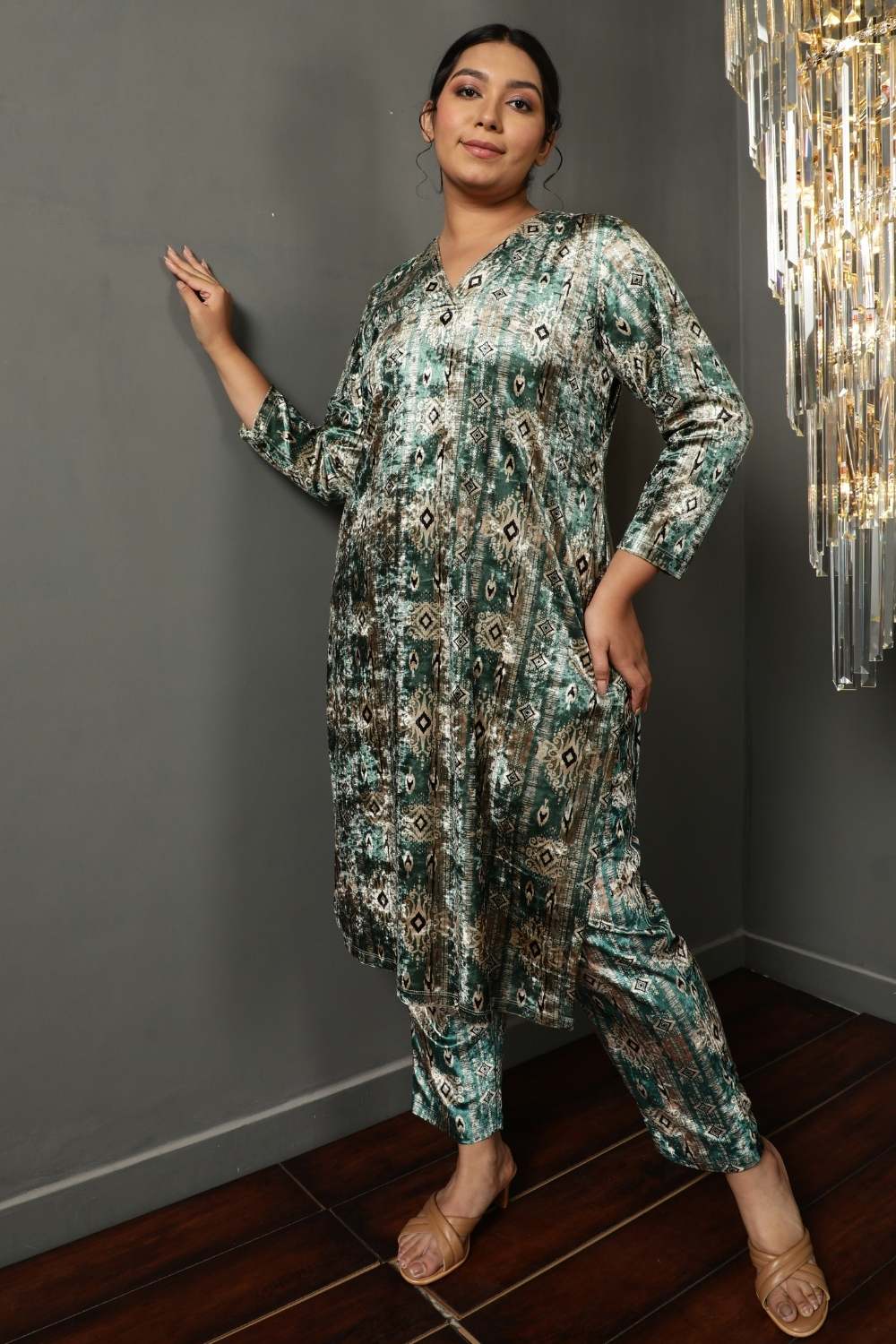 Plus Size Plus Size Green Ikkat Velvet Coord Set