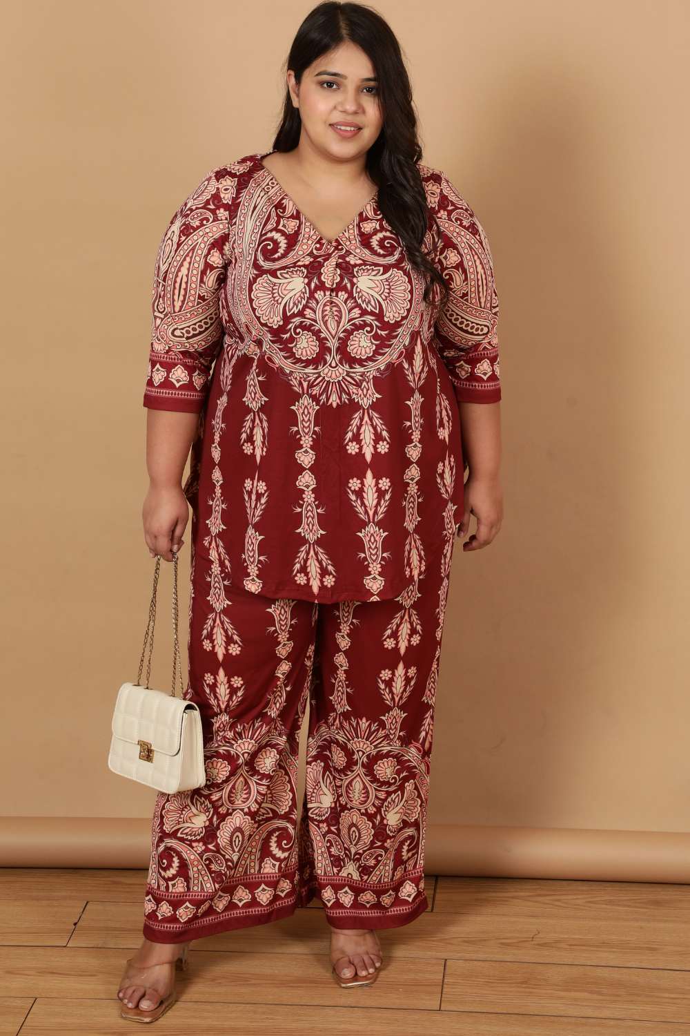 Plus Size Plus Size Maroon Luxe Ethnic Print Coord Set