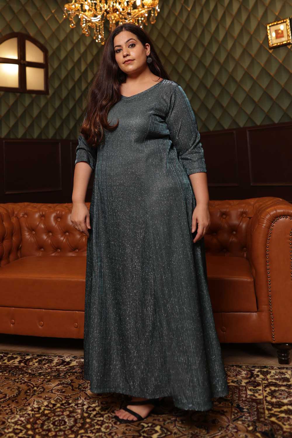 Plus Size Plus Size Emerald Metallic Long Party Dress