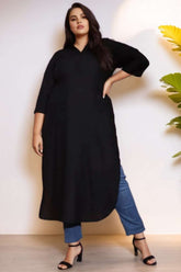 Black Roll Up Sleeve Round Hemline Kurti