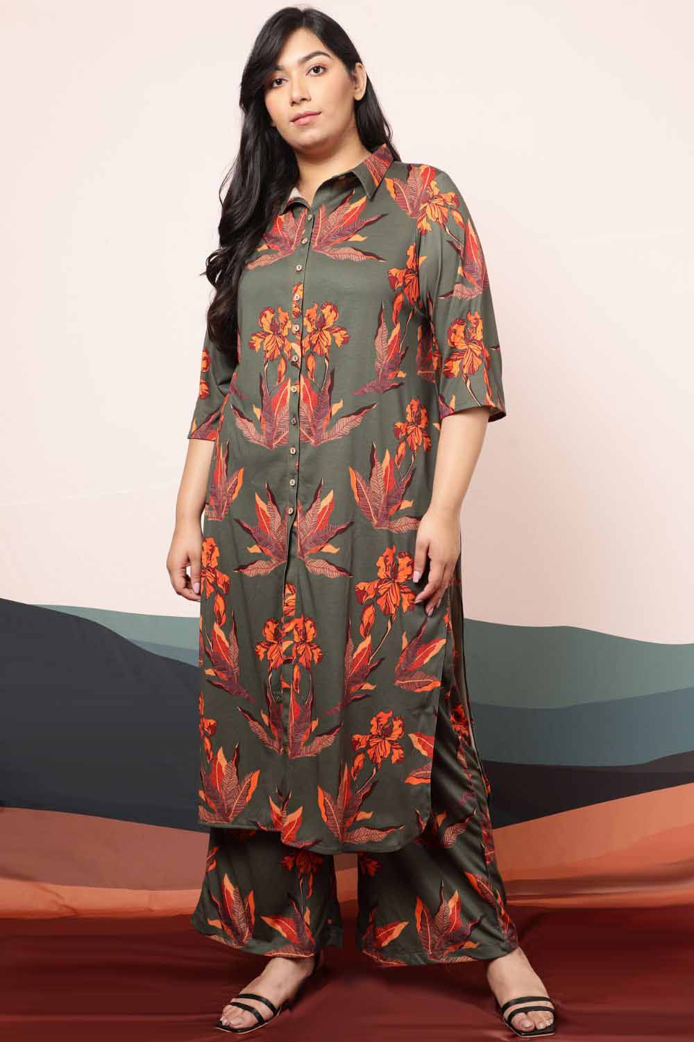 Plus Size Plus Size Marsh Green Leaf Print Coord Set