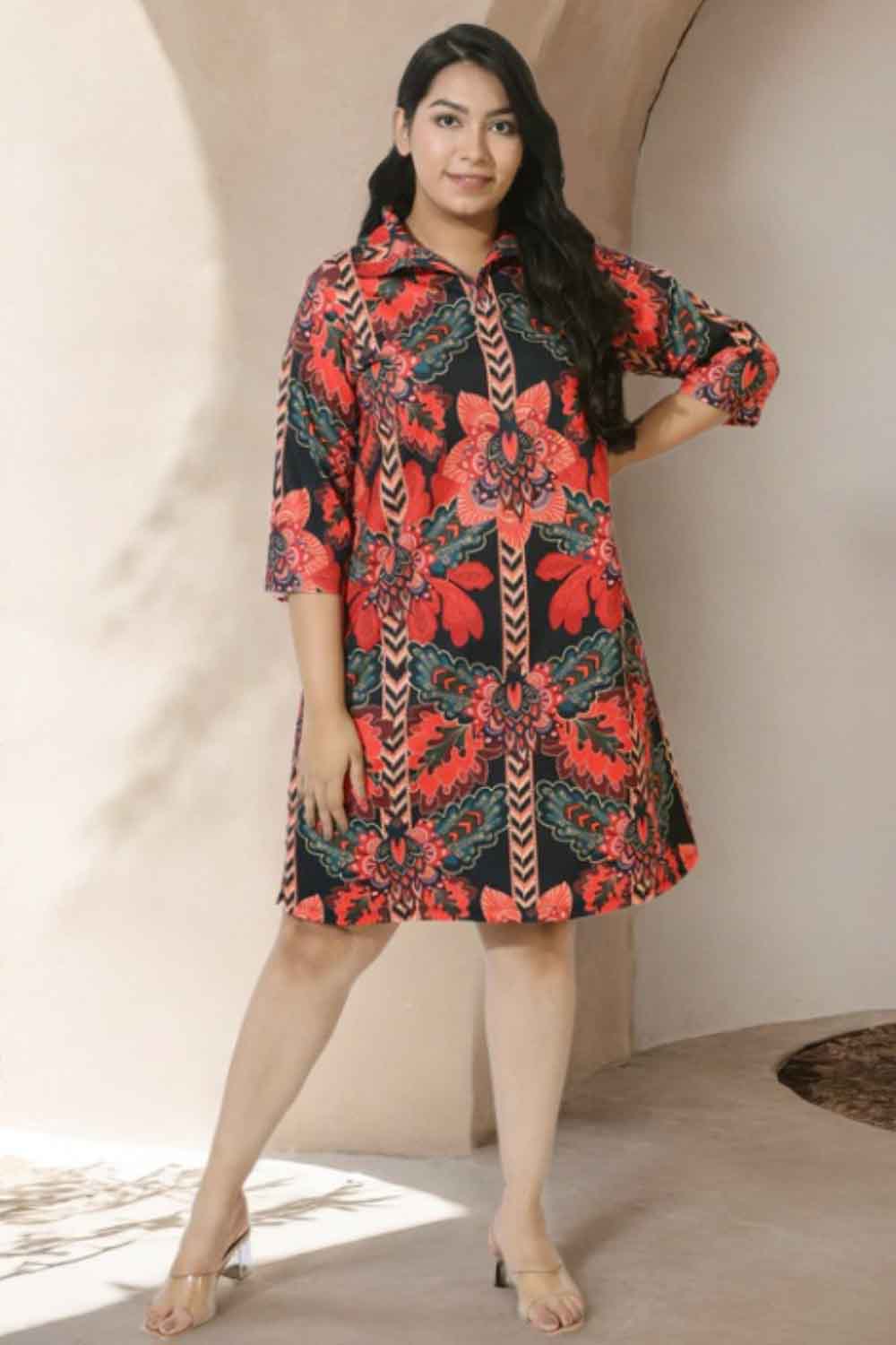 Black Tropical Print Shirt Dress