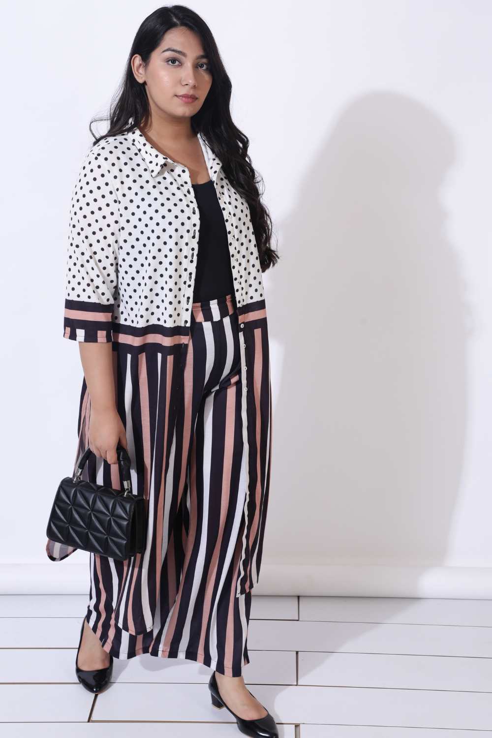 Comfortable Plus Size Black Luxe Polka Stripes Coord Set