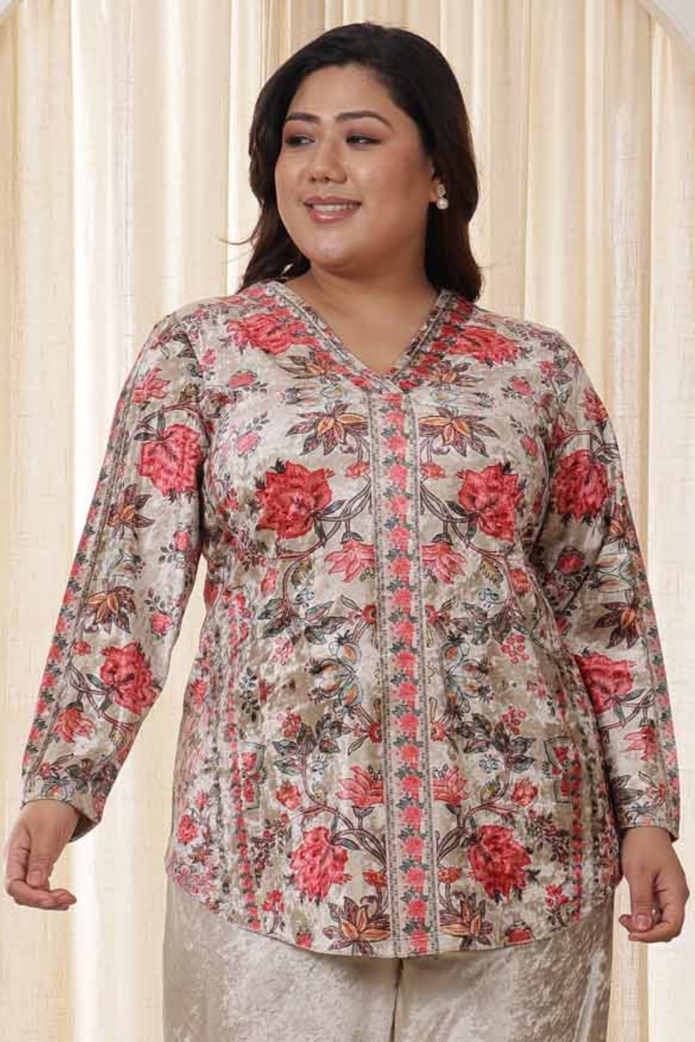 Plus Size Plus Size Pink Ethnic Floral Velvet Top