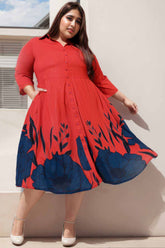 Plus Size Red Floral Printed Crepe Shirt Dress