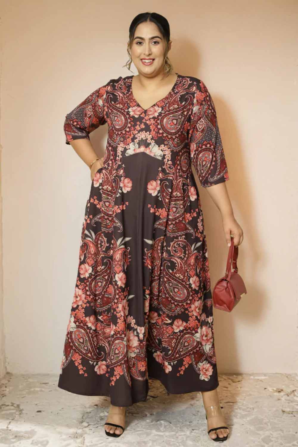 Plus Size Black Printed Anarkali Dress