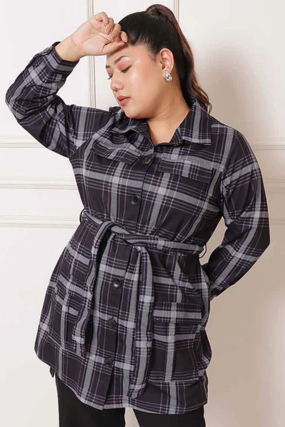 Plus Size Black White Checkered Shacket