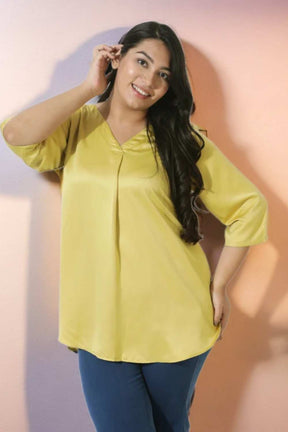 Plus Size Yellow Satin Centre Pleat Top