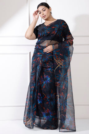 Plus Size Blue Floral Print Readymade Organza Saree