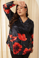 Plus Size Black Floral Borders Velvet Top