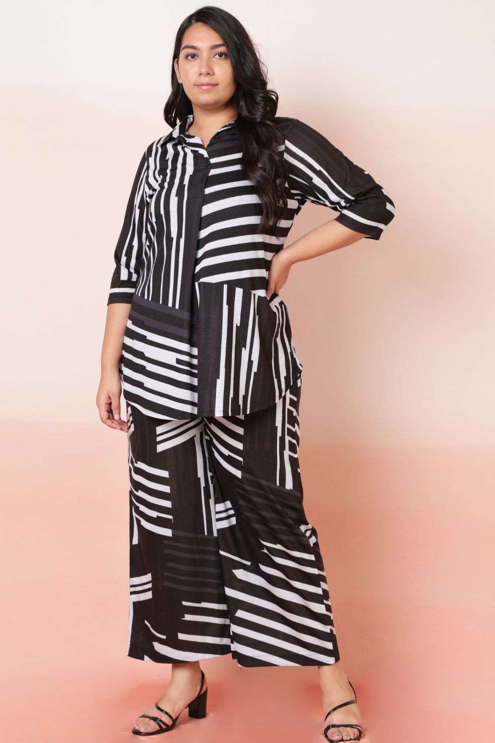 Plus Size Monochrome Black Printed Coord Set