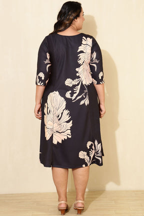 Plus Size Black Tropical Print A line Dress