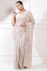 Plus Size Beige Sequence Readymade Party Saree