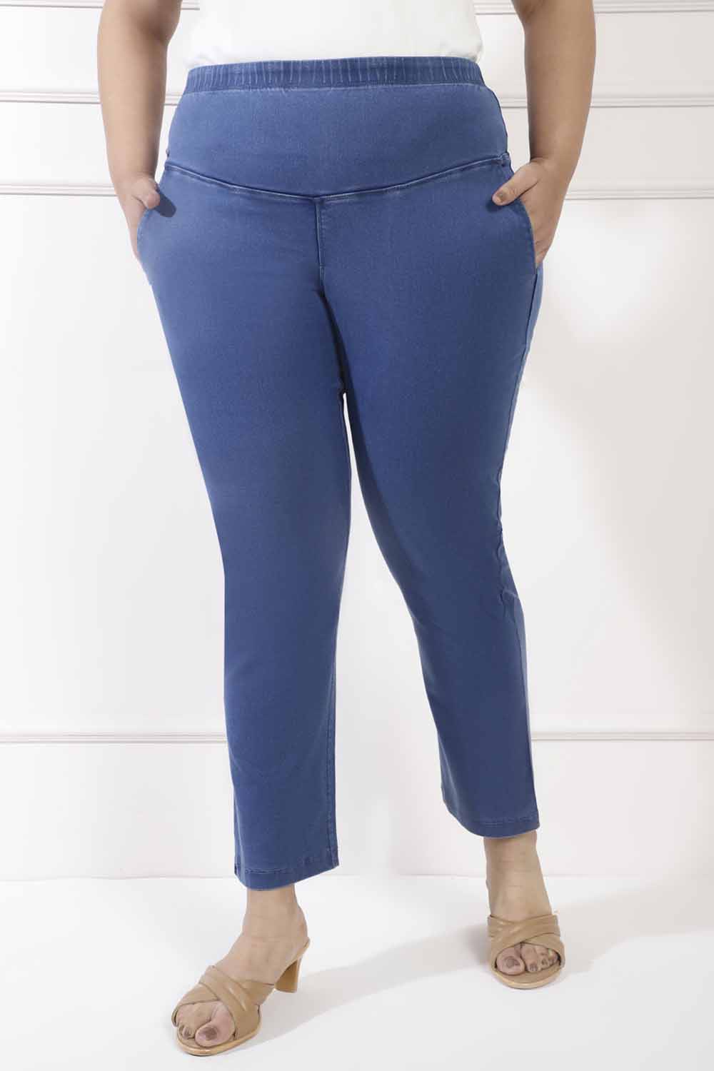 Buy Plus Size Denim Blue Crease Seam Tummy Tucker Pants Online For Women
