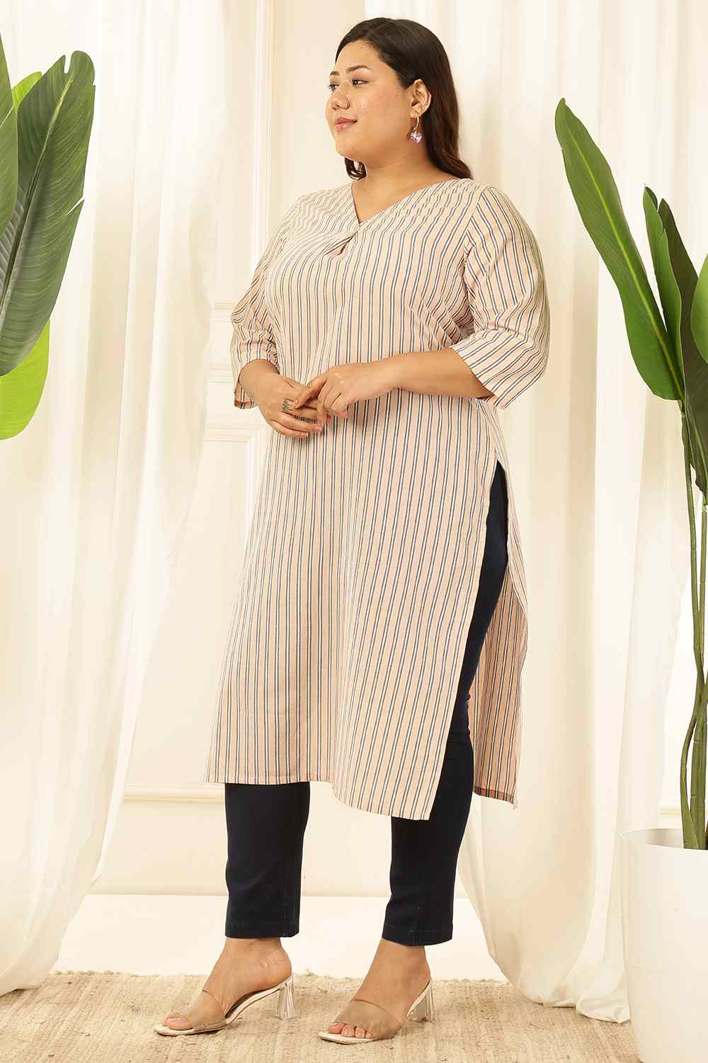 Plus Size Plus Size Baby Pink Striped Cotton Kurta