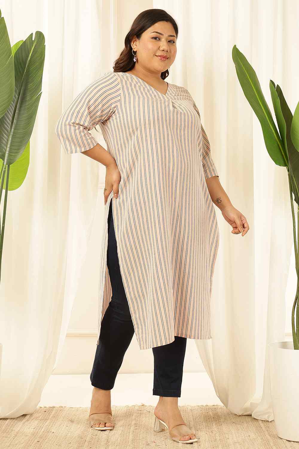 Plus Size Baby Pink Striped Cotton Kurta for Women