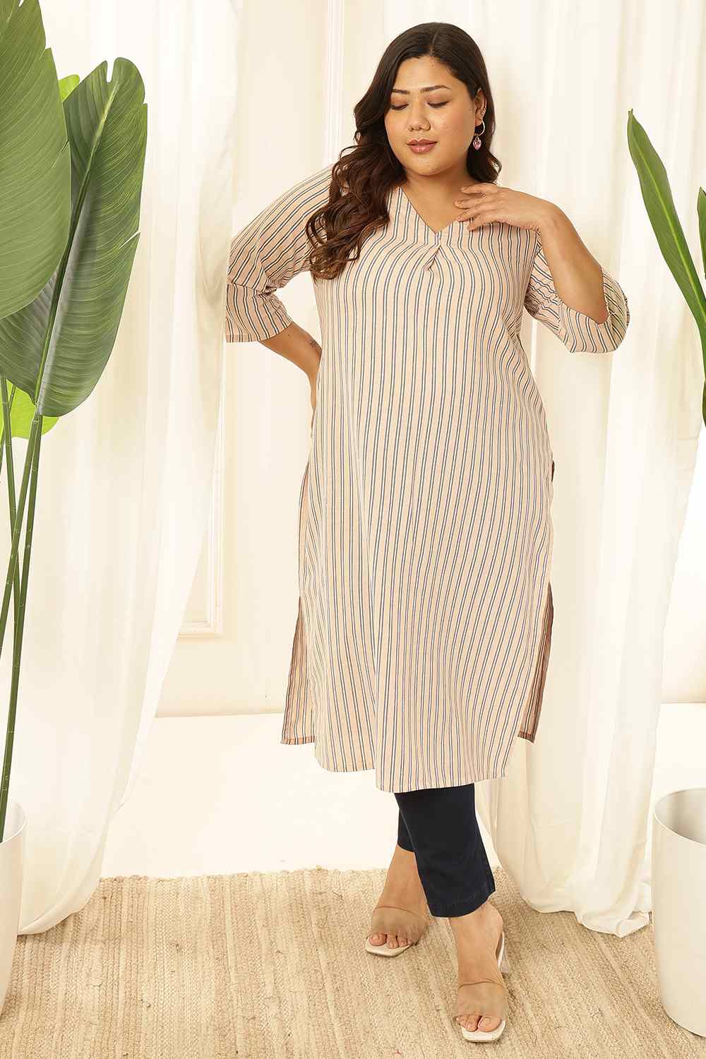 Plus Size Baby Pink Striped Cotton Kurta