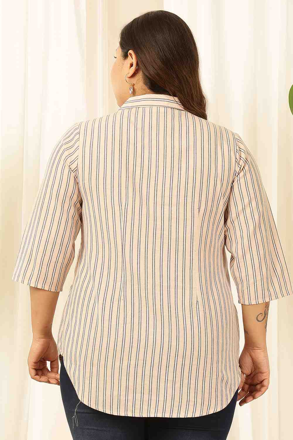 Plus Size Baby Pink Striped Cuban Collar Cotton Shirt