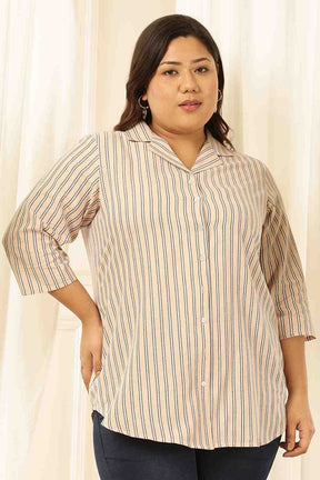 Plus Size Baby Pink Striped Cuban Collar Cotton Shirt