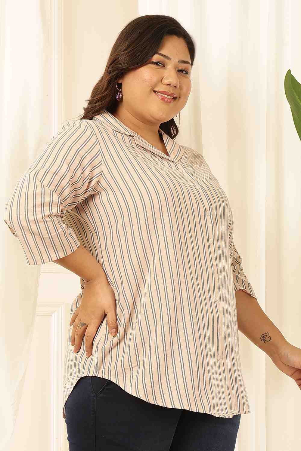 Plus Size Baby Pink Striped Cuban Collar Cotton Shirt