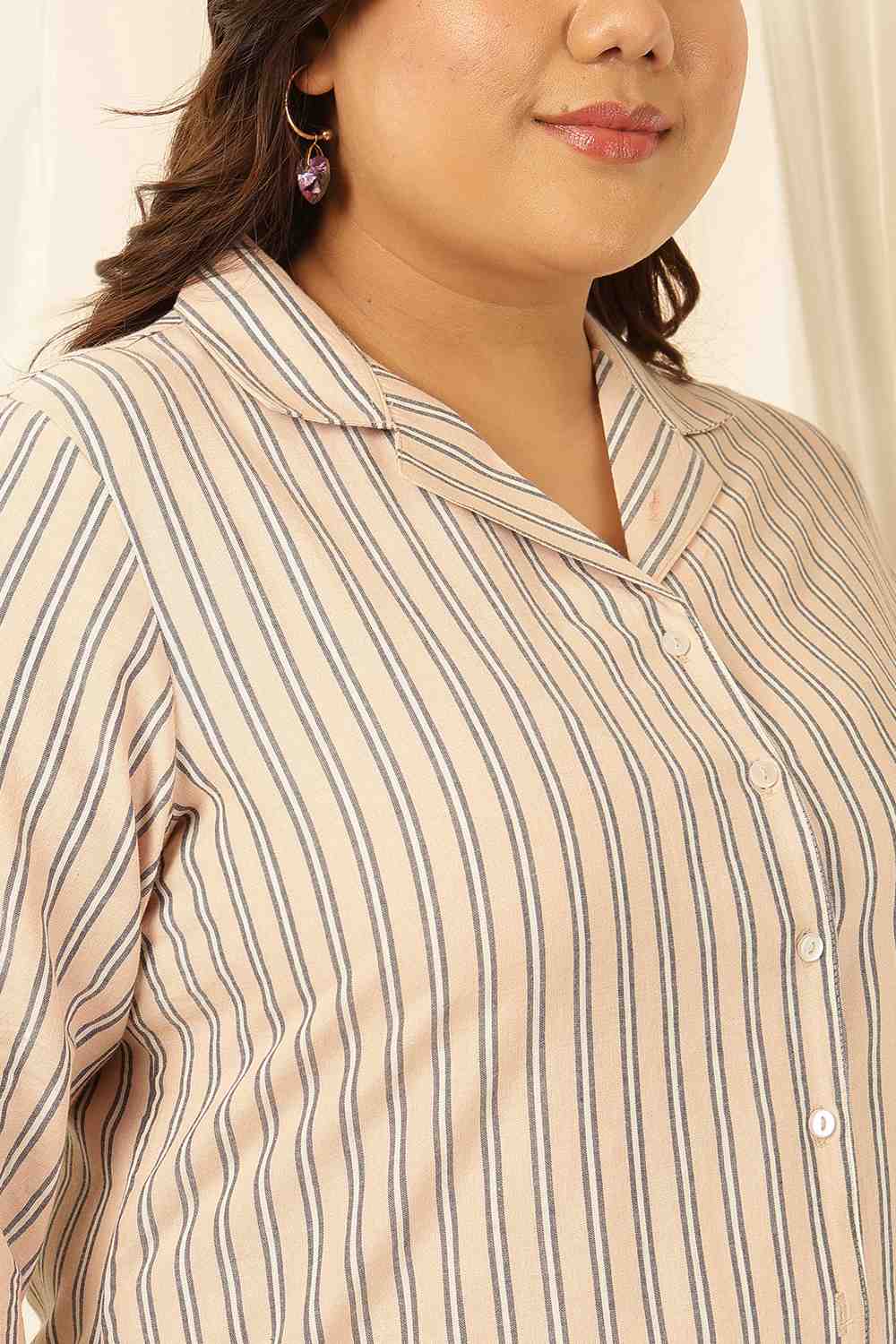 Plus Size Plus Size Baby Pink Striped Cuban Collar Cotton Shirt