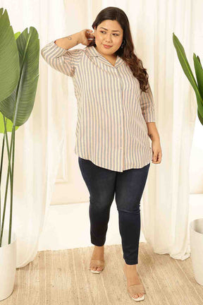 Plus Size Baby Pink Striped Cuban Collar Cotton Shirt