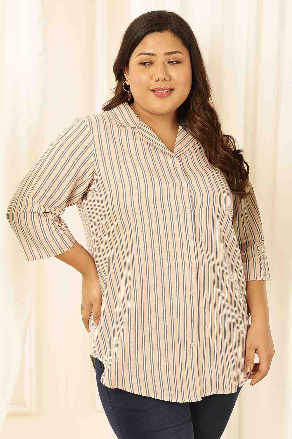 Comfortable Plus Size Baby Pink Striped Cuban Collar Cotton Shirt