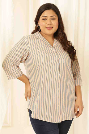 Plus Size Baby Pink Striped Cuban Collar Cotton Shirt