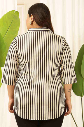 Plus Size Black & White Striped Cuban Collar Cotton Shirt