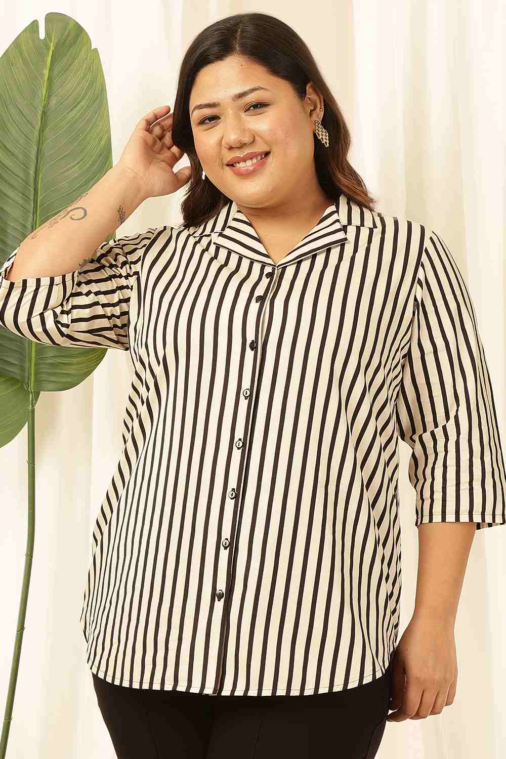 Plus Size Black & White Striped Cuban Collar Cotton Shirt