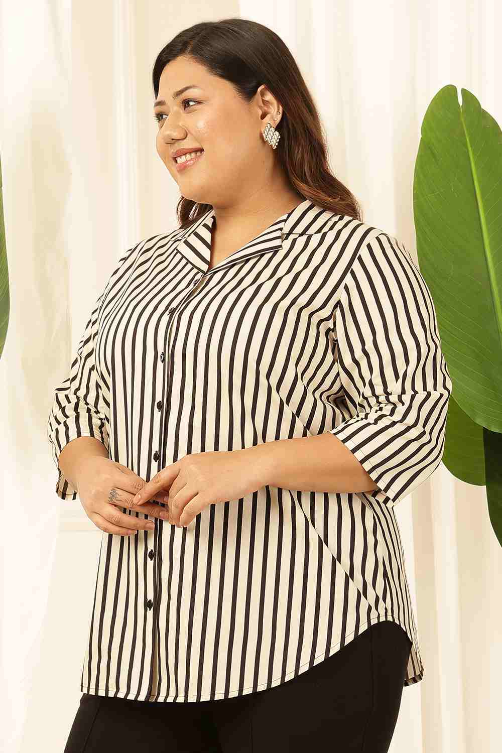 Plus Size Plus Size Black & White Striped Cuban Collar Cotton Shirt