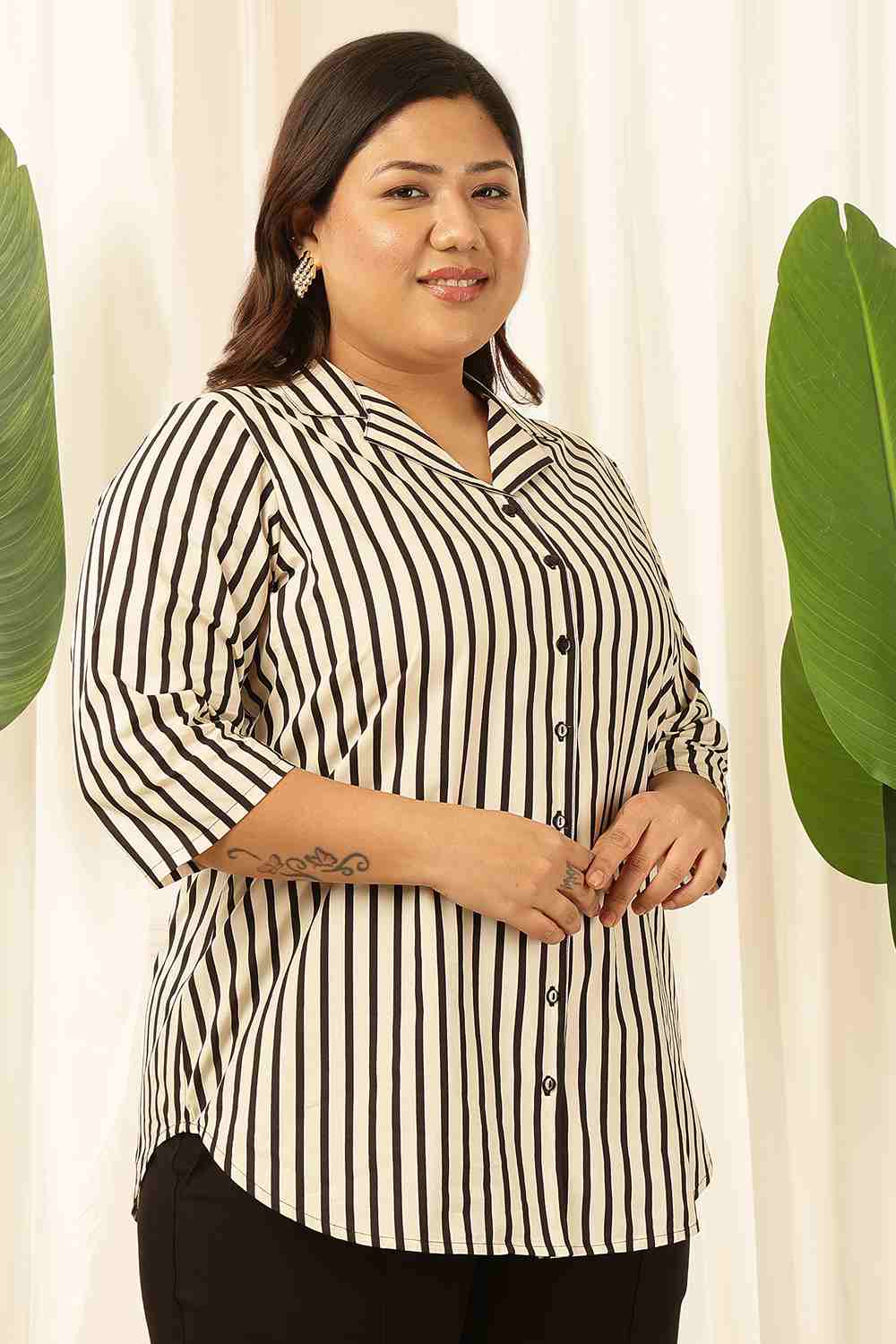 Plus Size Black & White Striped Cuban Collar Cotton Shirt for Women