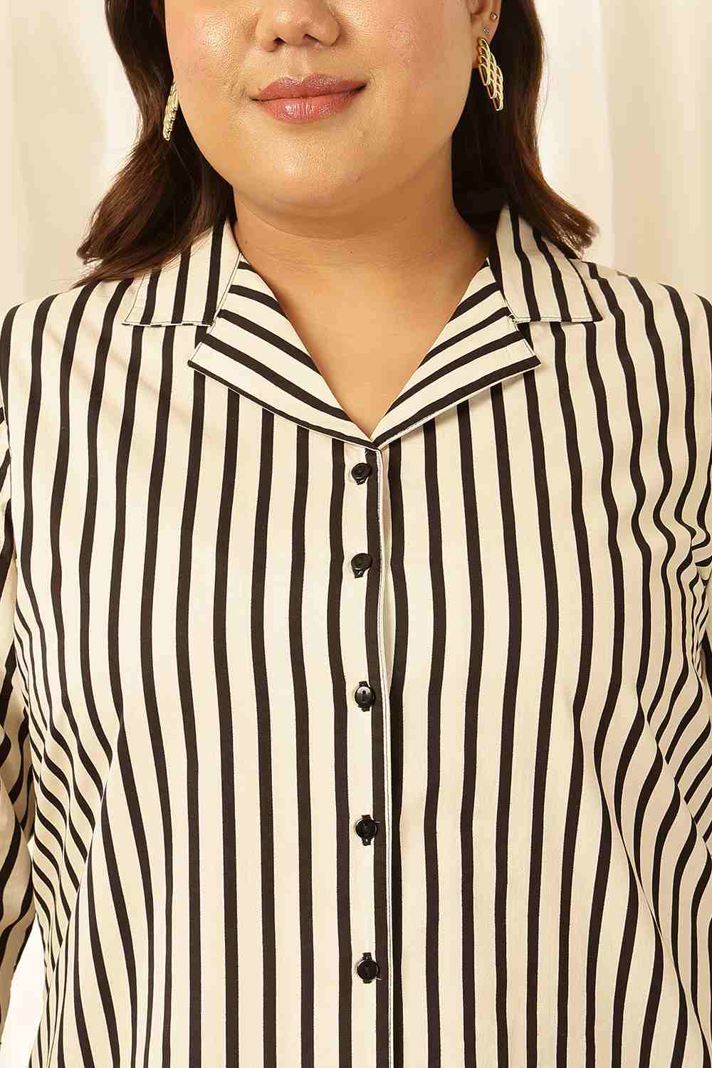 Comfortable Plus Size Black & White Striped Cuban Collar Cotton Shirt