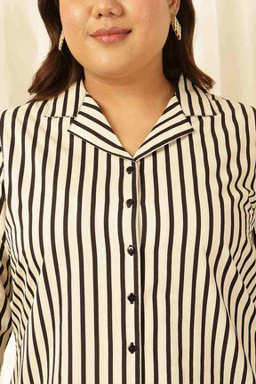 Plus Size Black & White Striped Cuban Collar Cotton Shirt