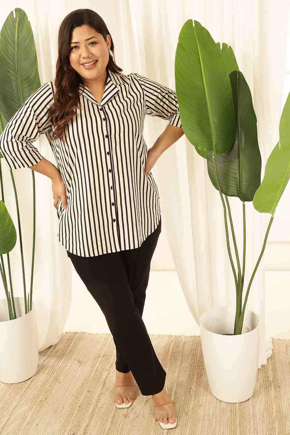 Plus Size Black & White Striped Cuban Collar Cotton Shirt