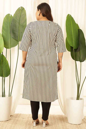 Plus Size Black & White Striped Cotton Kurta