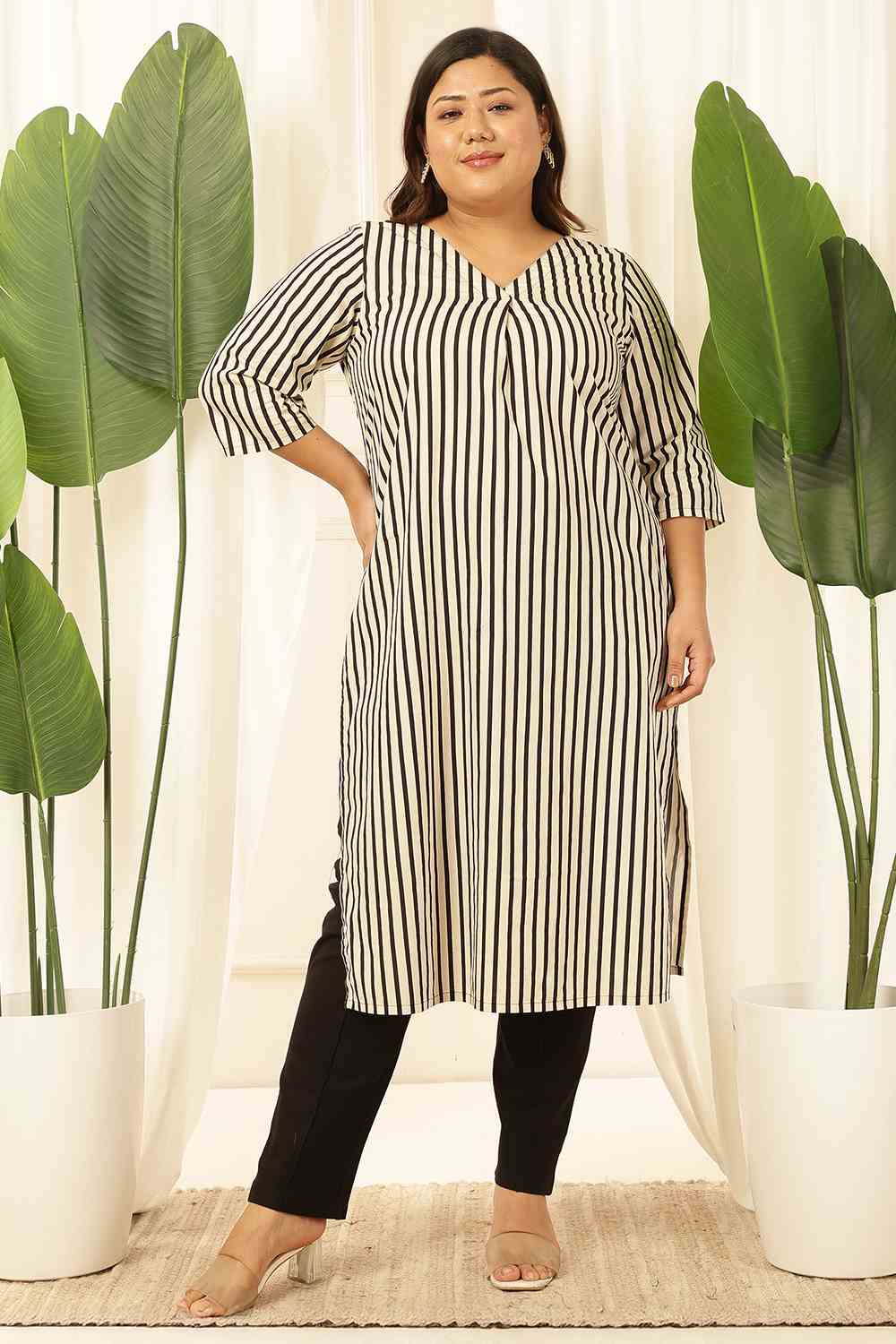 Plus Size Black & White Striped Cotton Kurta