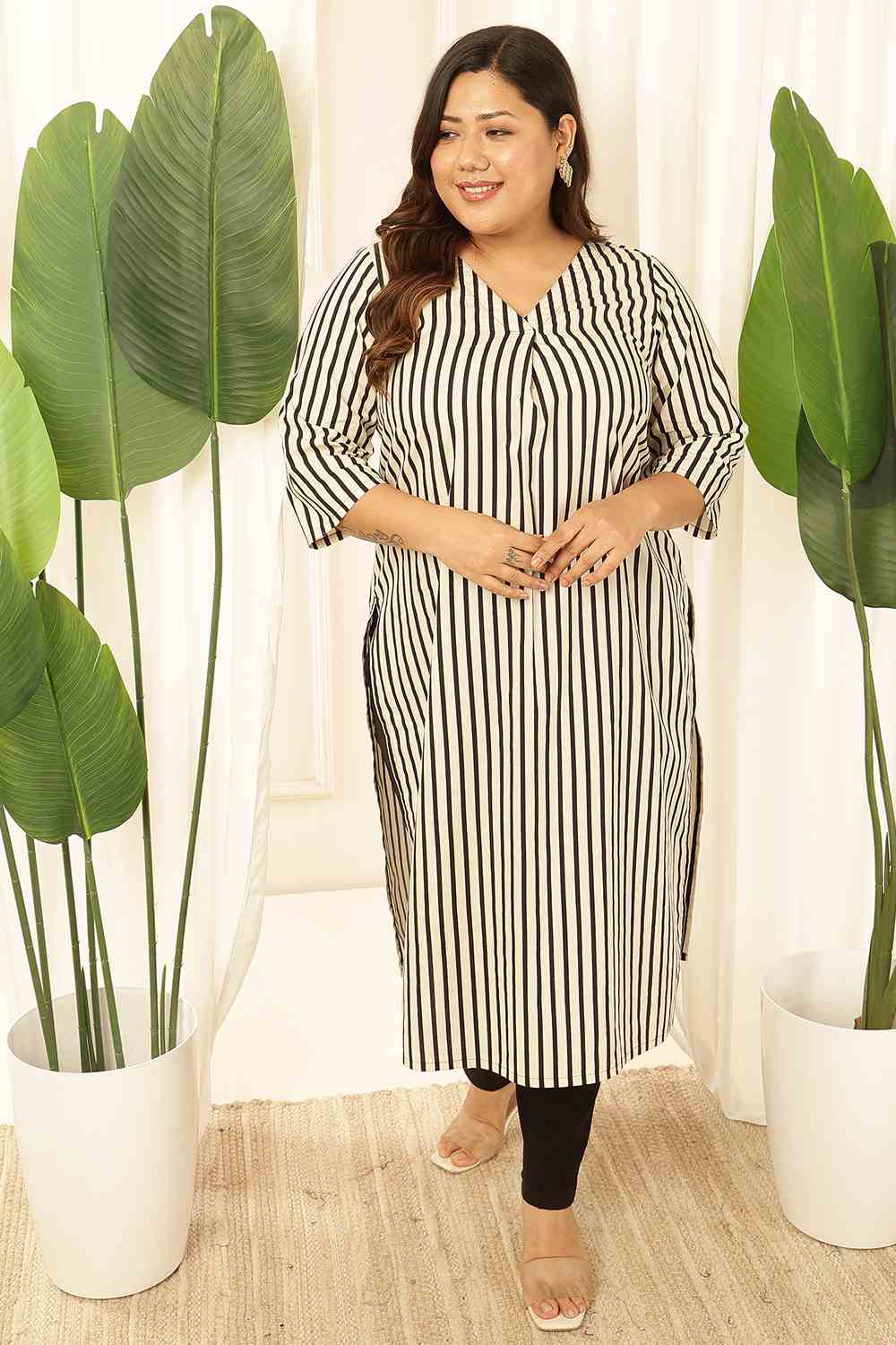 Plus Size Black & White Striped Cotton Kurta