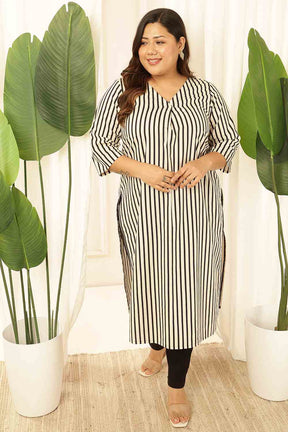 Plus Size Black & White Striped Cotton Kurta