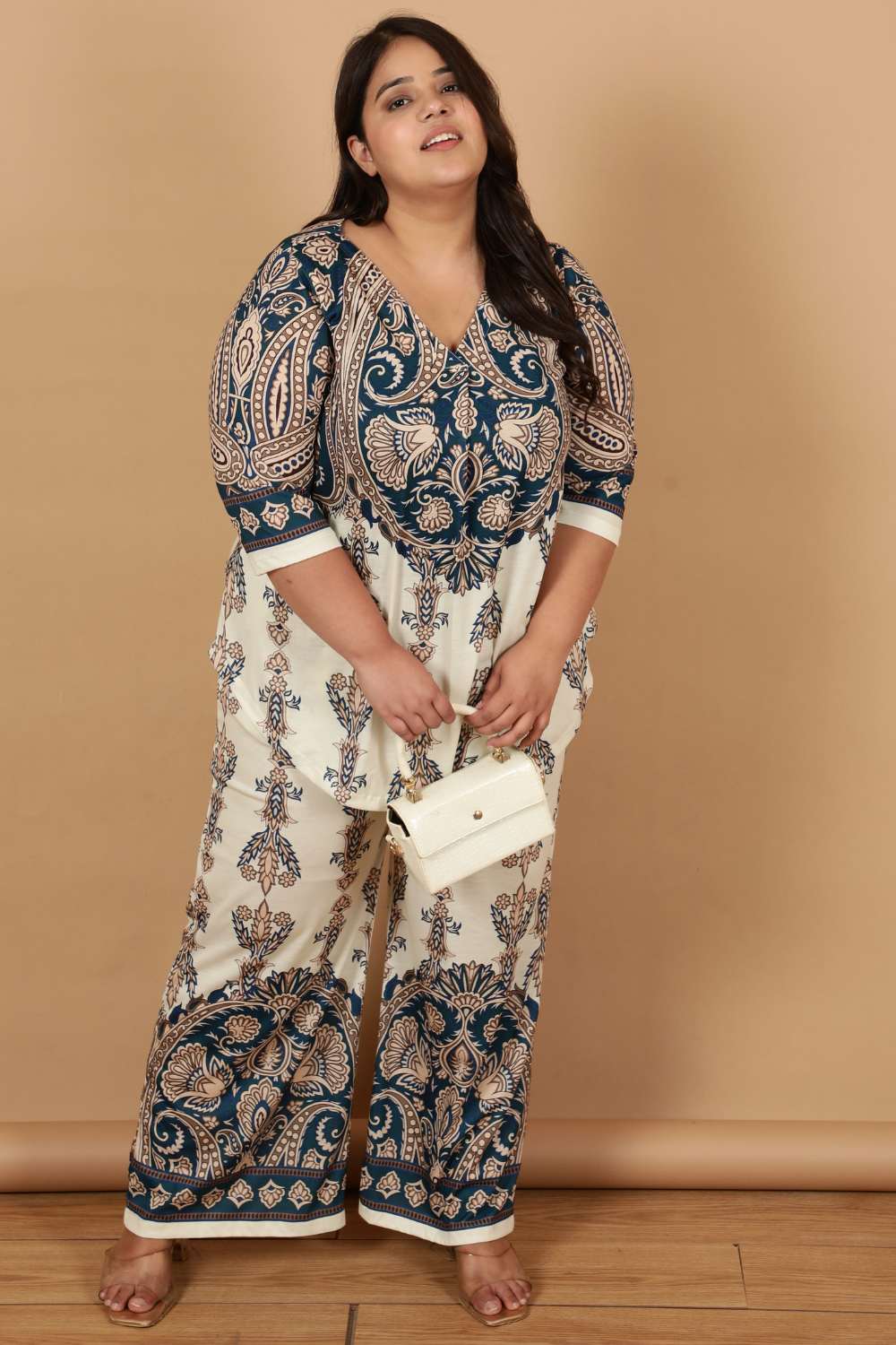 Plus Size Cream Luxe Ethnic Print Coord Set