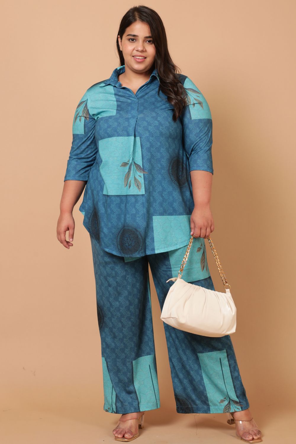 Plus Size Teal Blocks Print Coord Set