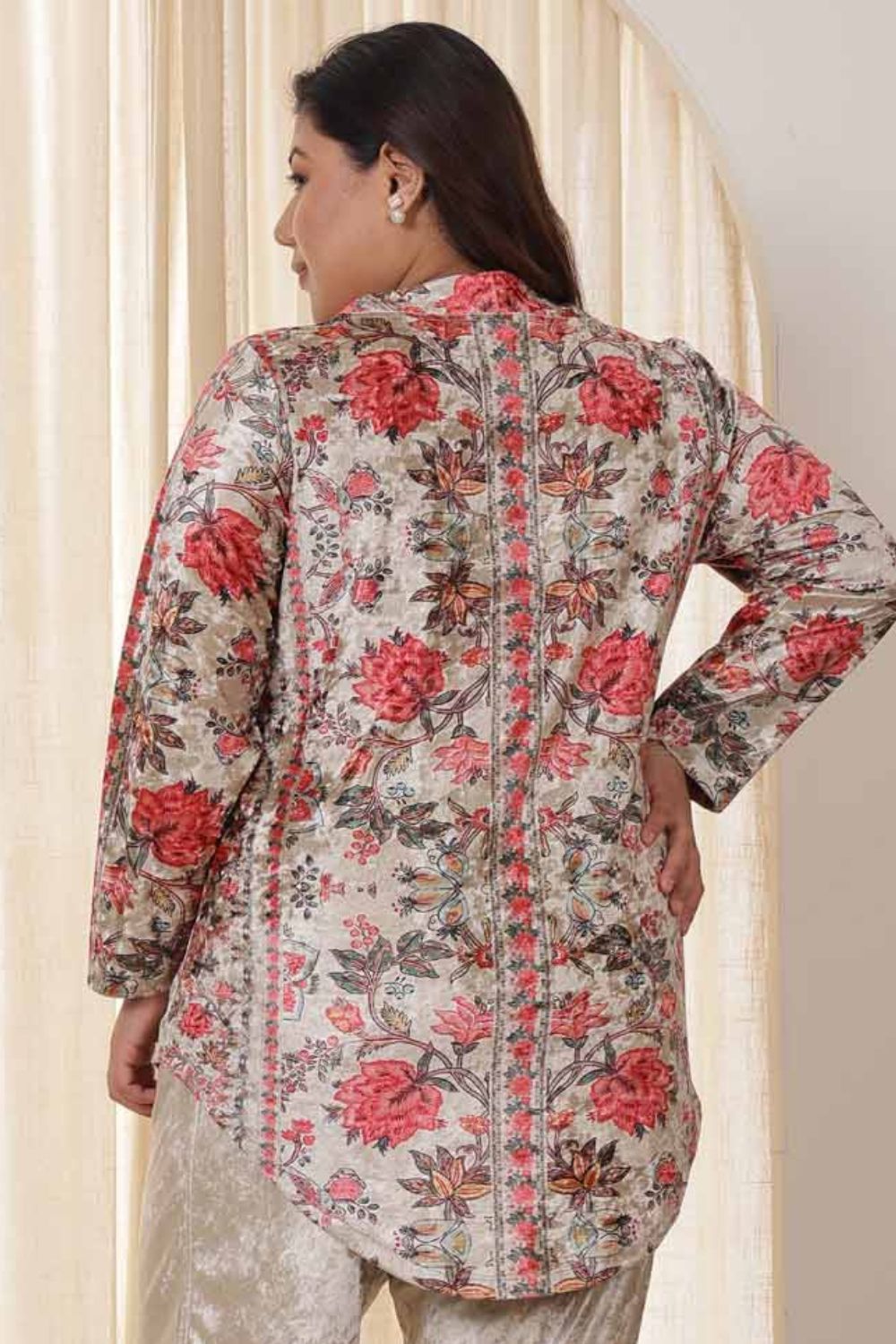 Plus Size Pink Ethnic Floral Velvet Top