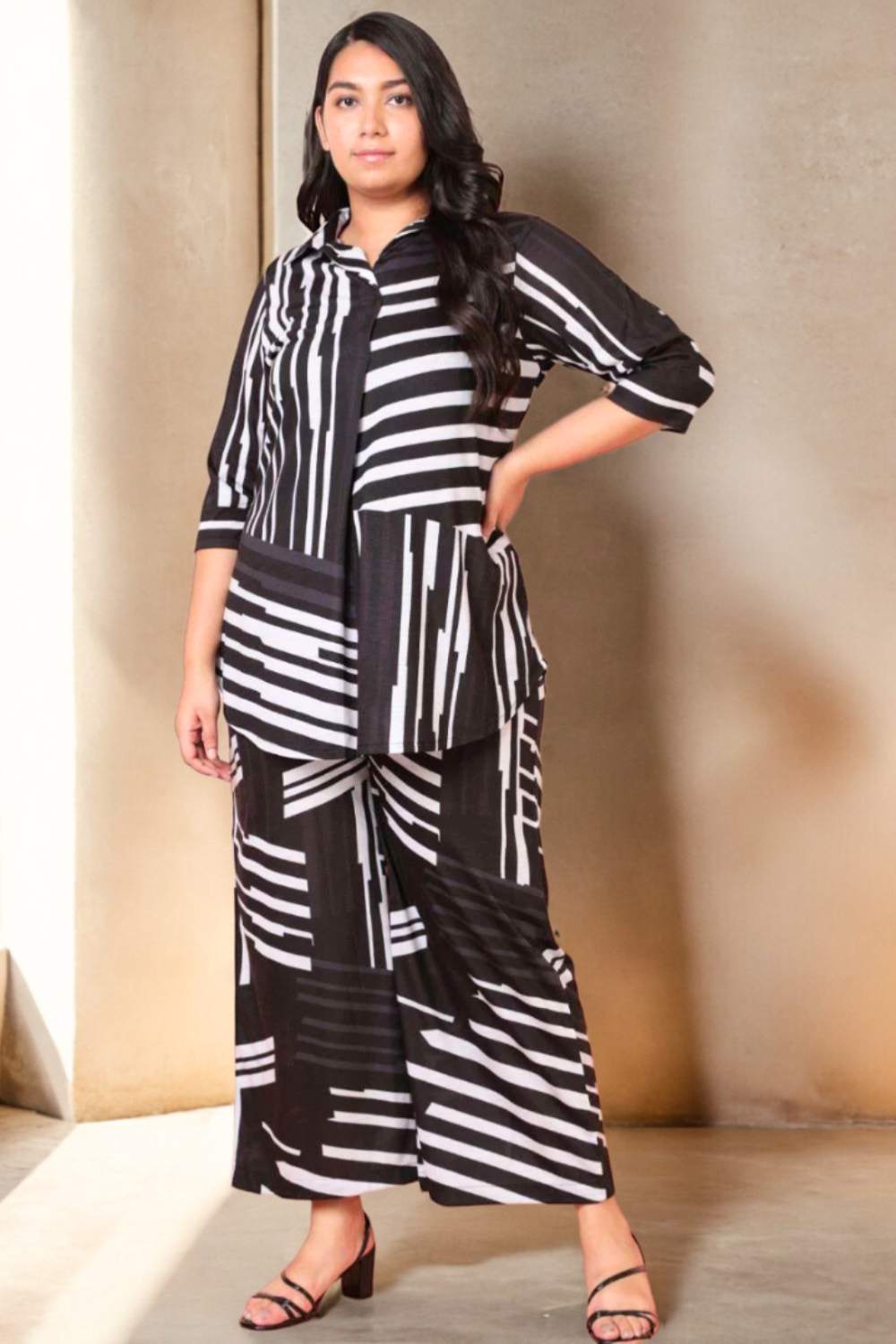 Plus Size Monochrome Black Printed Coord Set